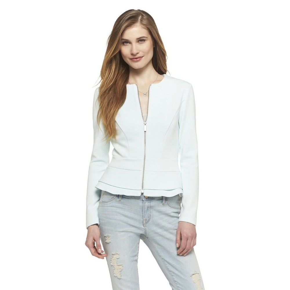 Mossimo peplum zipup light weight jacket, white. M